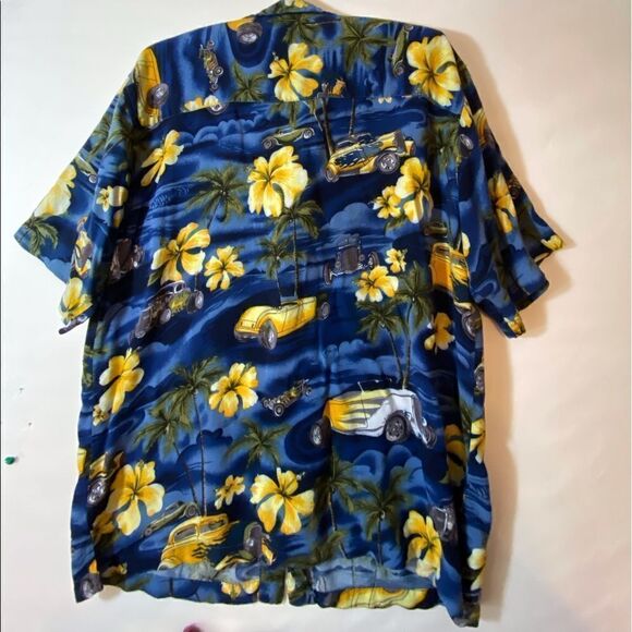 Tropical Button Up Shirt with Flowers and Old Classic Hot Rods Size Large - Picture 2 of 6